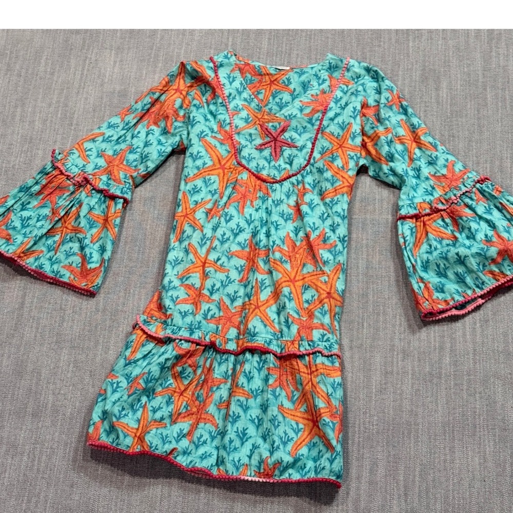 Modaposa Starfish Print Bell Sleeve Tunic Dress Teal Orange Medium